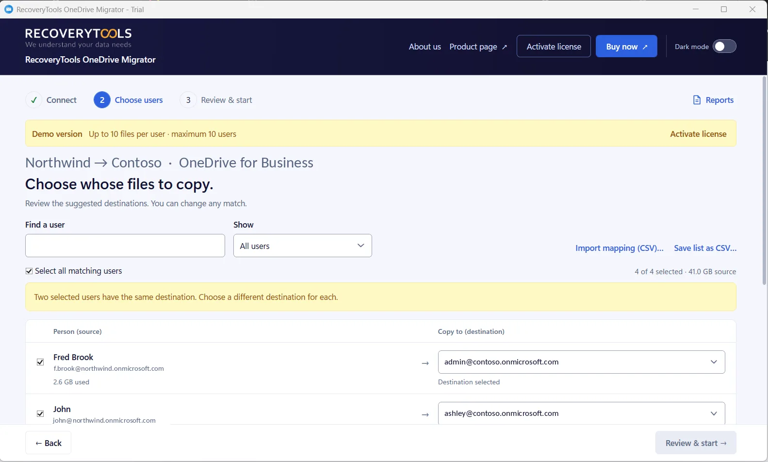 Choosing OneDrive accounts to transfer in RecoveryTools OneDrive Migrator