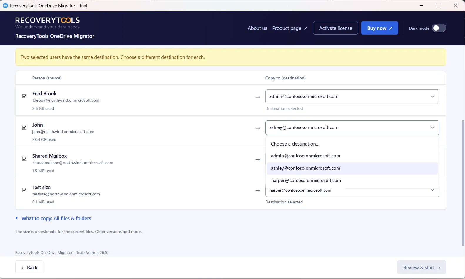 Mapping a OneDrive account to a destination user in RecoveryTools OneDrive Migrator