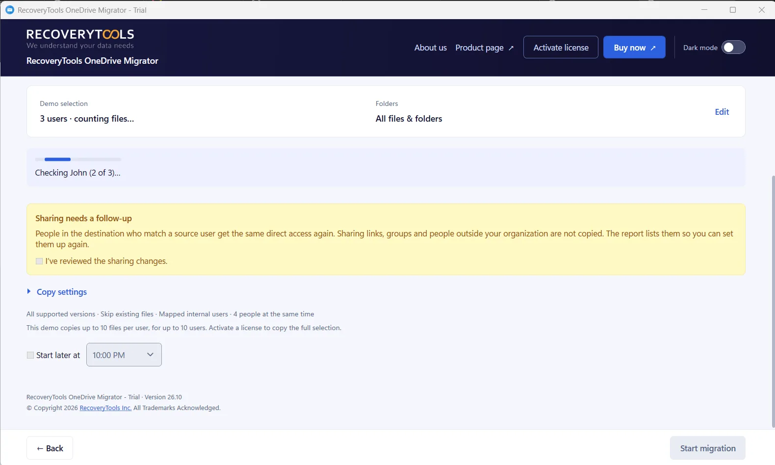 OneDrive sharing links, groups and outside guests are not copied notice