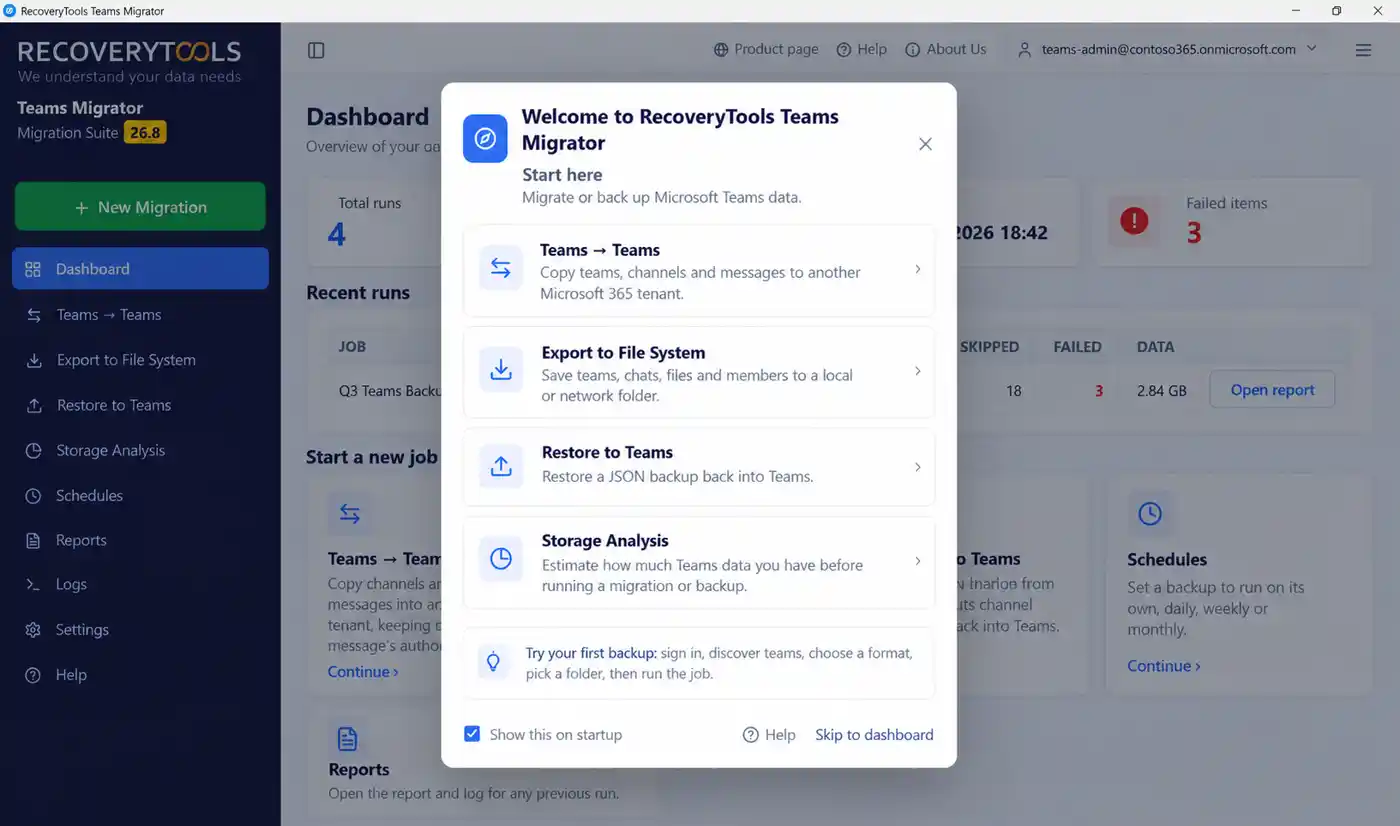 RecoveryTools Teams Migrator welcome screen with Teams to Teams, export and restore options