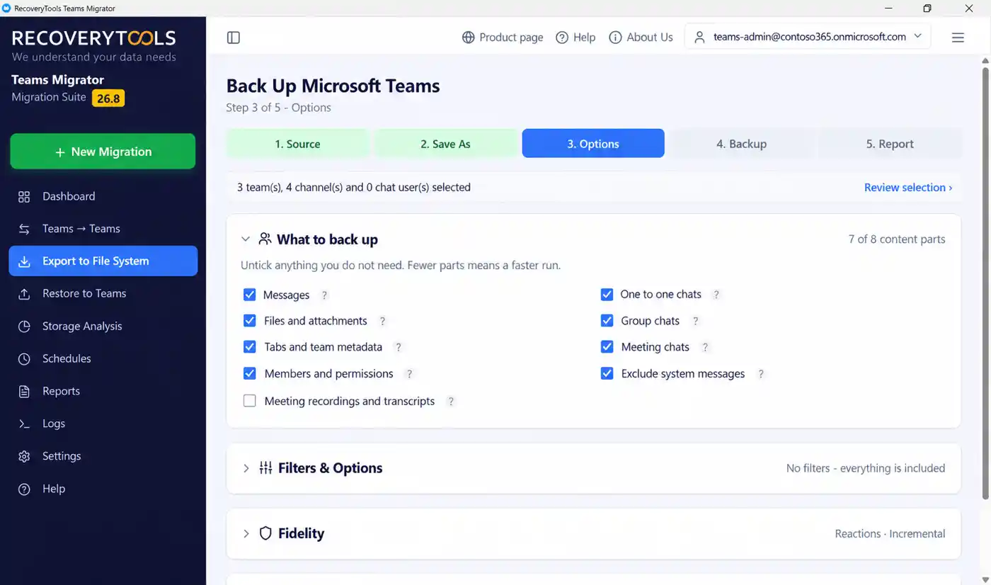 Content switches for messages, files, tabs, members and chats in RecoveryTools Teams Migrator