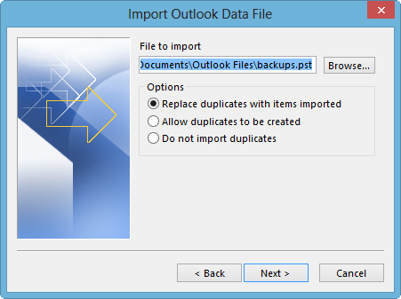 browse the outlook data file