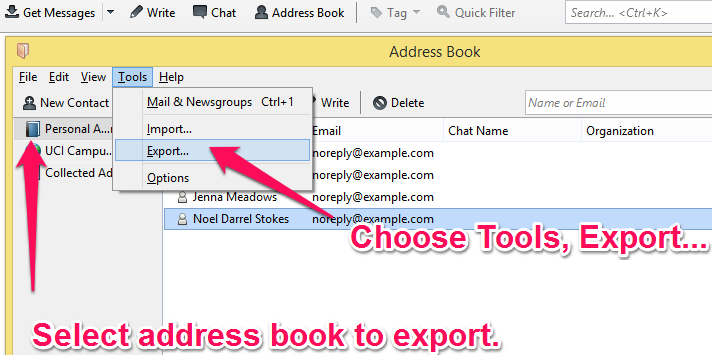 thunderbird address book export option