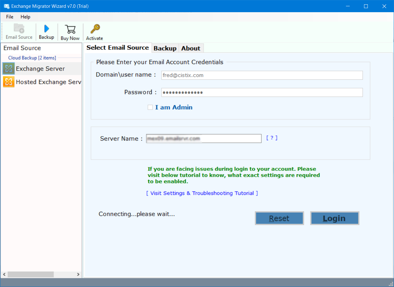 login to exchange account to migrate to gmail