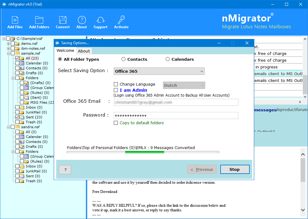lotus notes to office 365 migration message