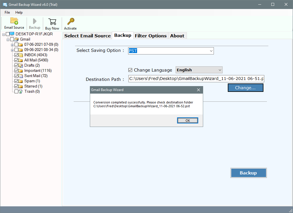 start the gmail to pst export process