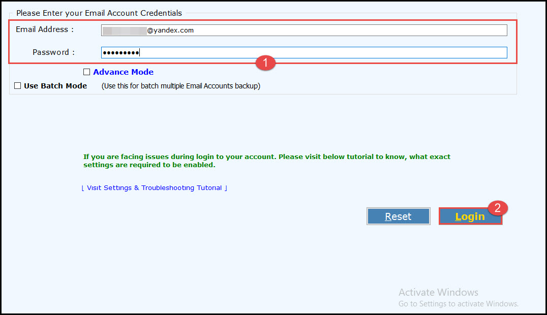 Enter the Yandex login credential