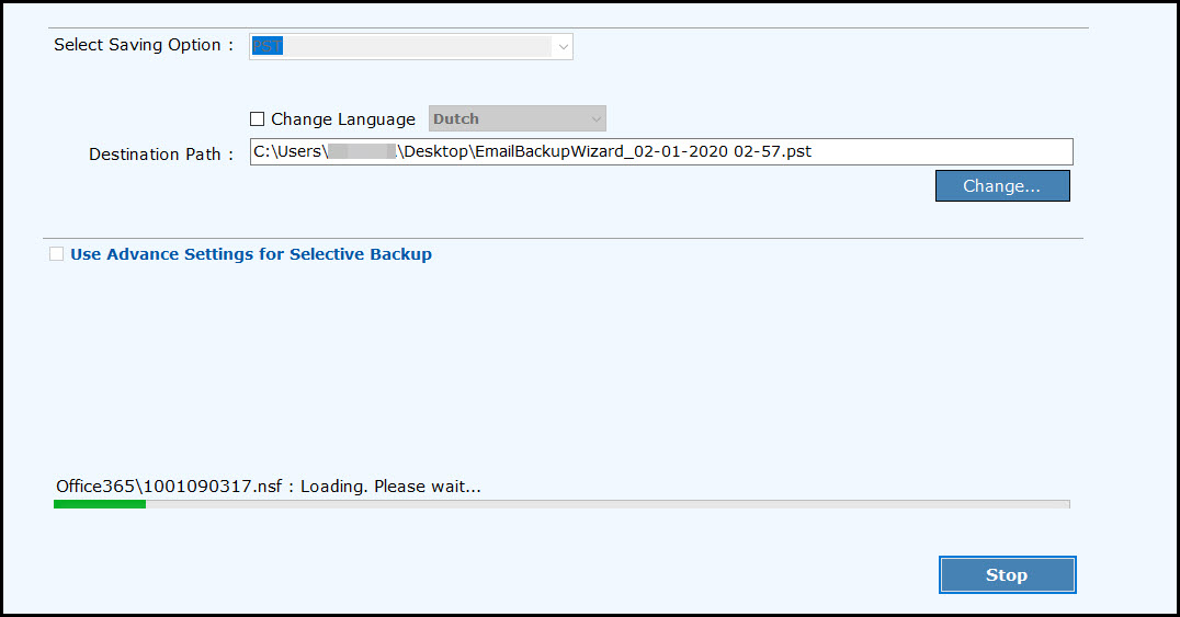 Start to export email from office 365 to pst