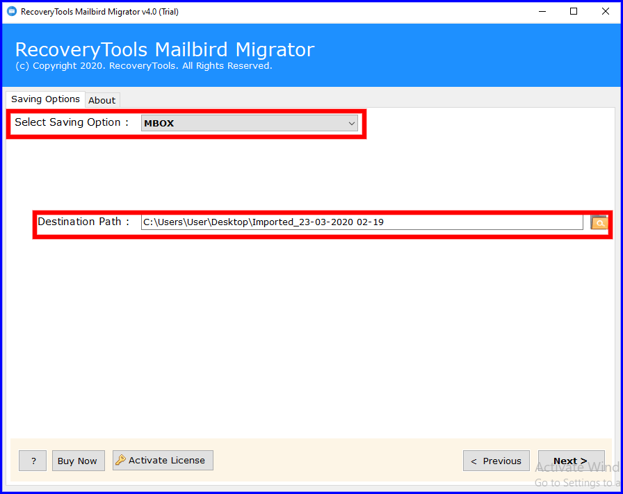 MBOX as saving option to move email from mailbird