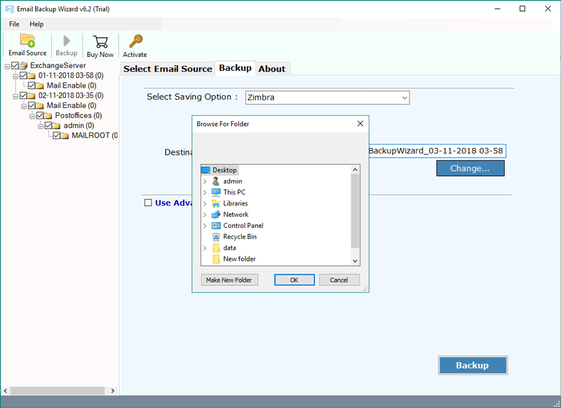 select destination path to backup rogers email