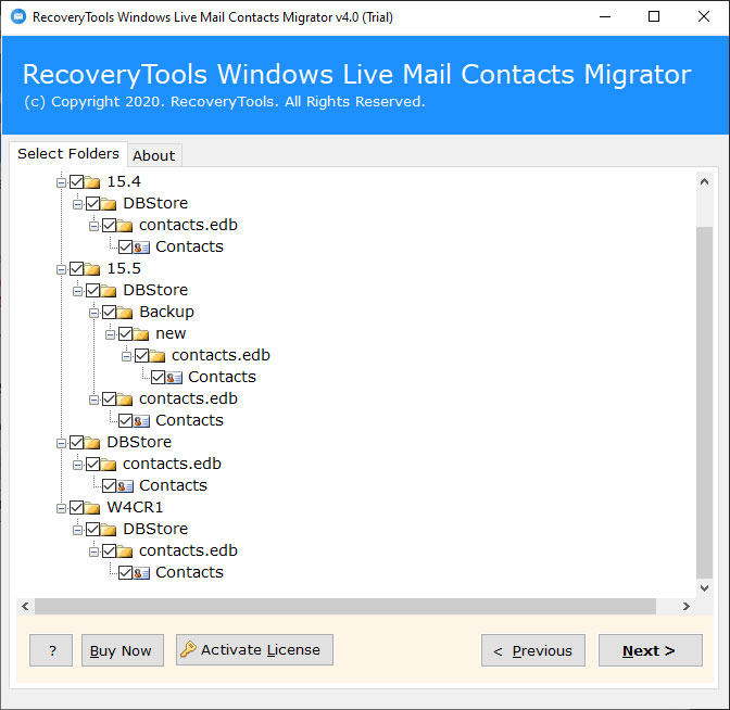 select right files to convert contacts.edb