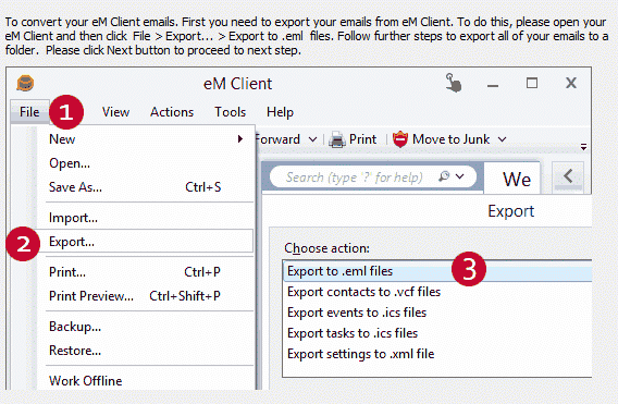 steps to export data from eM client