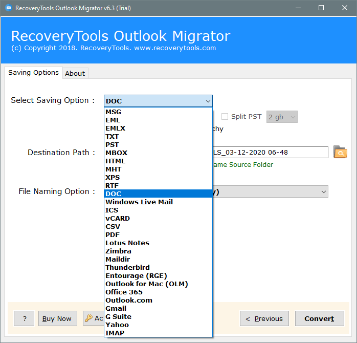 choose doc option to export Outlook contacts to emails