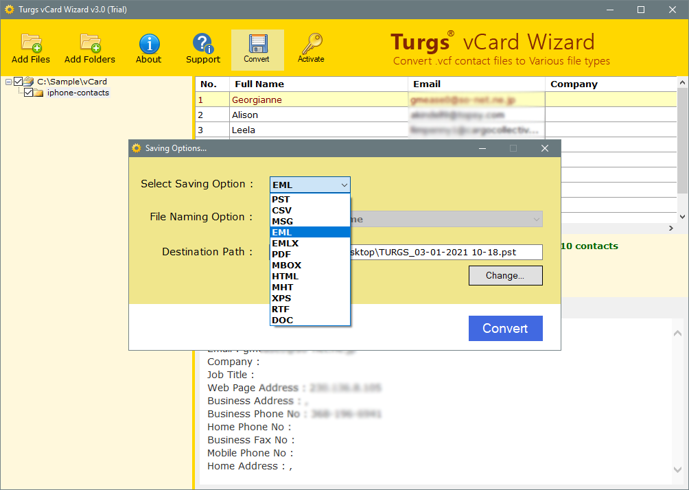select saving option to convert vCard to EML