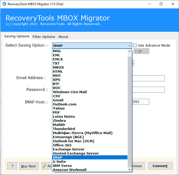 Choose IMAP options for MBOX to iCloud migration