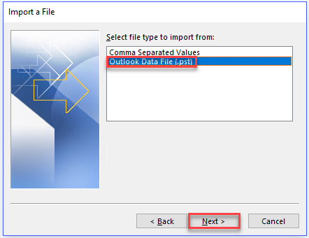 select the pst file option