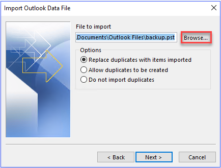import the previously exported pst file