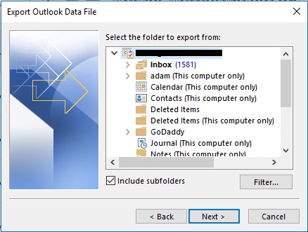 choose account to export gmail to pst