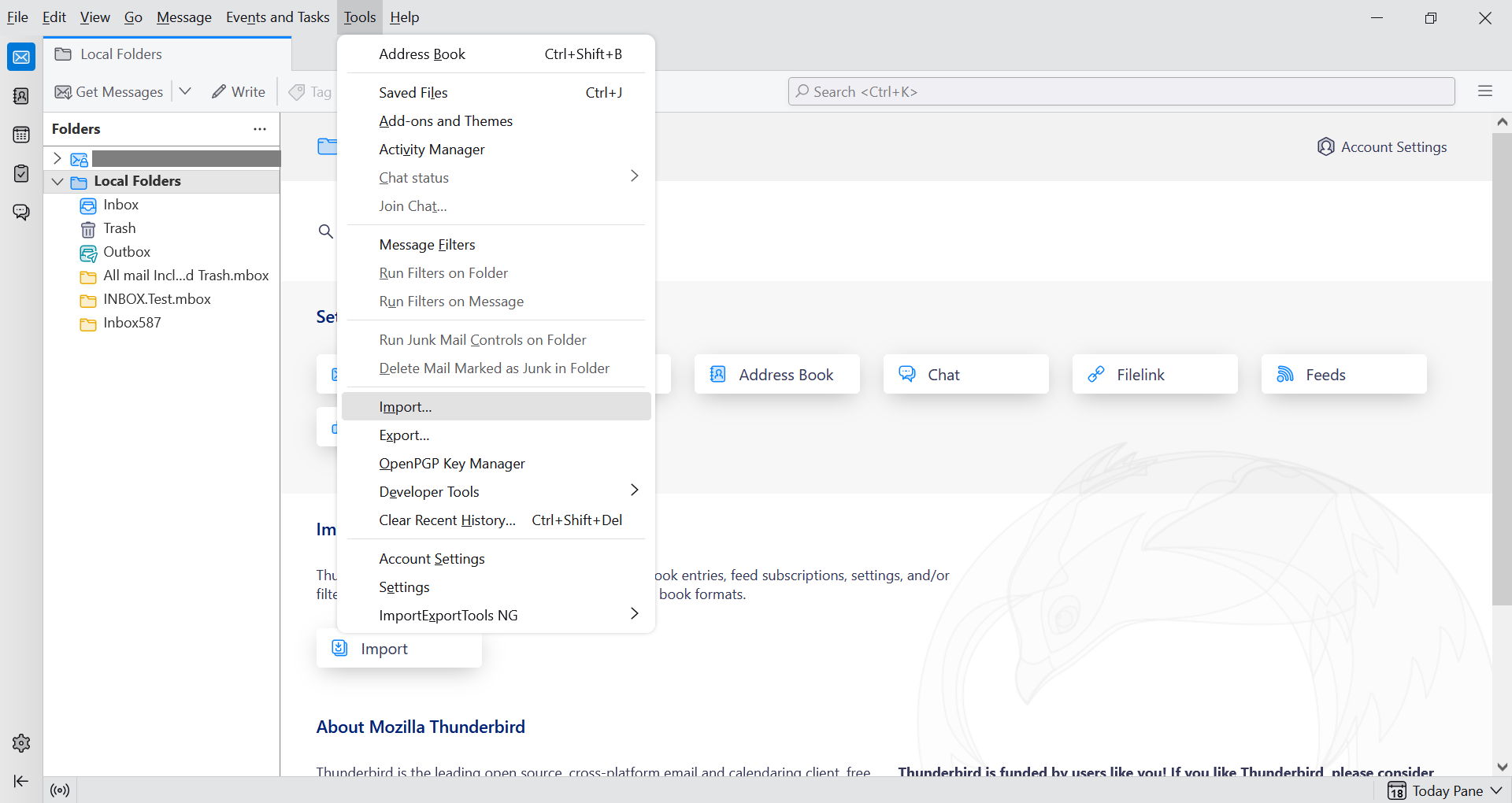 go to import in tools menu