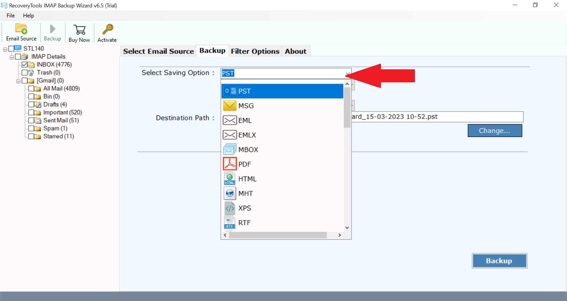 choose the pst file because it is supported by outlook