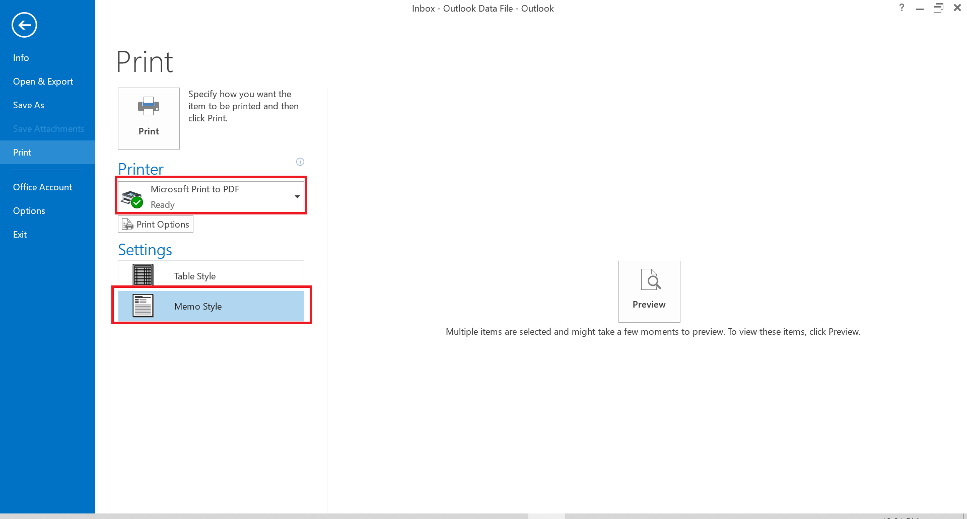select microsoft print to pdf and memo style
