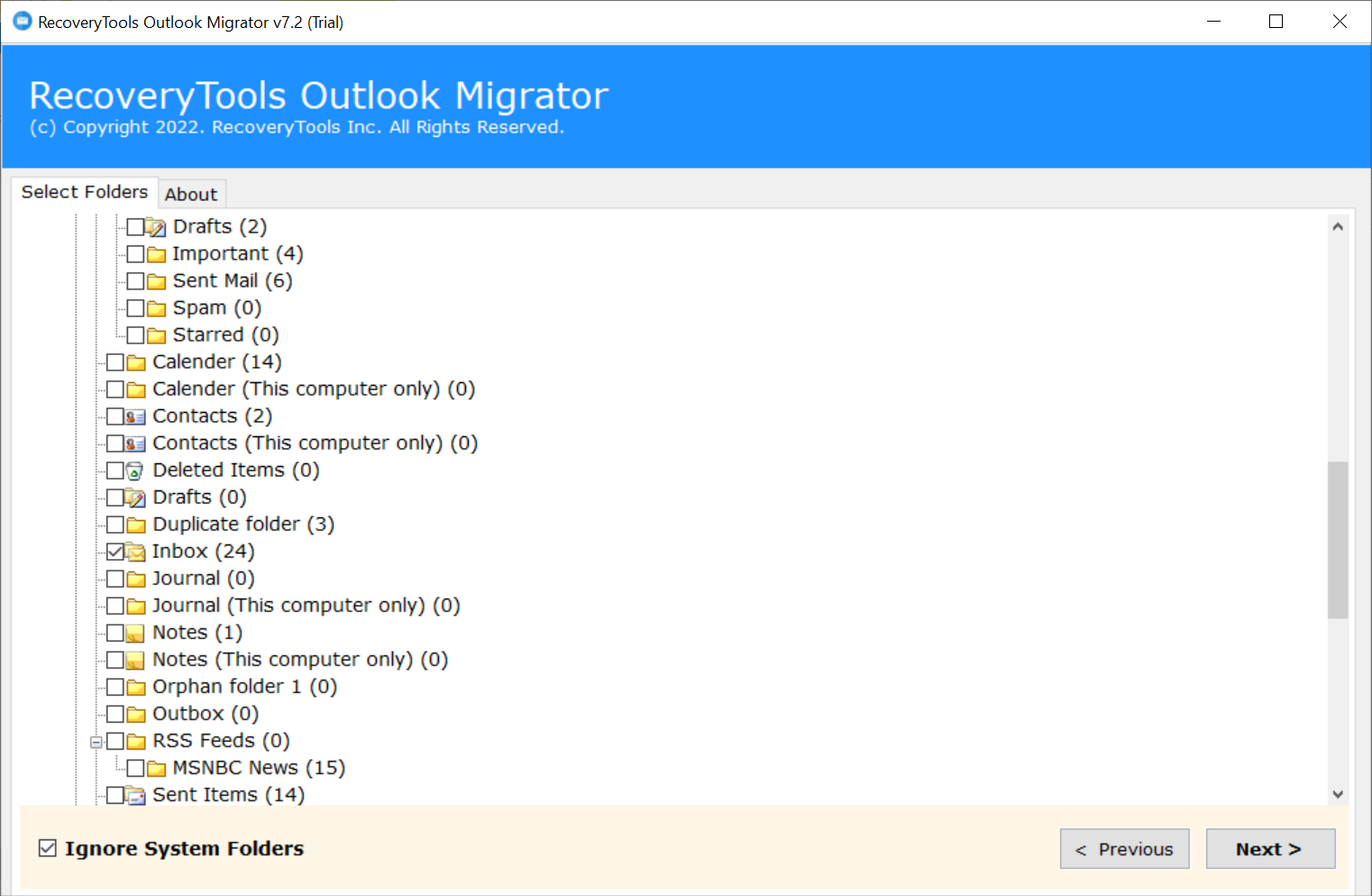 select outlook folders for conversion