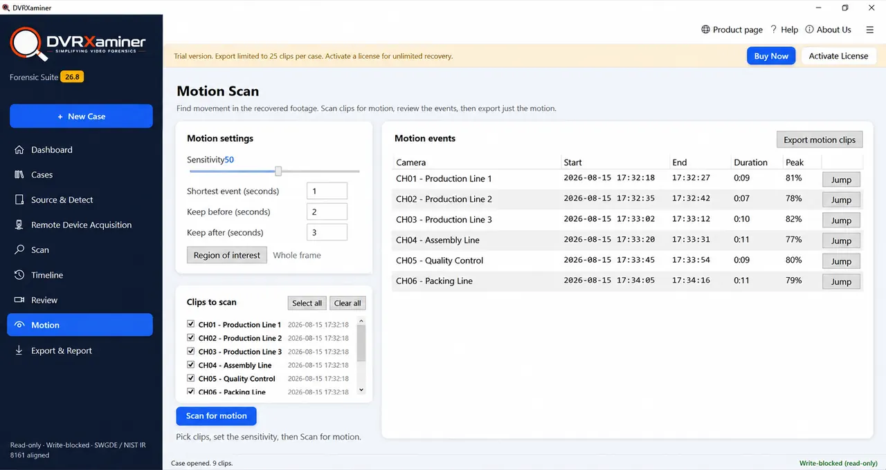 The Motion Scan screen with sensitivity, shortest event and padding settings on the left and a table of motion events with duration and peak score on the right