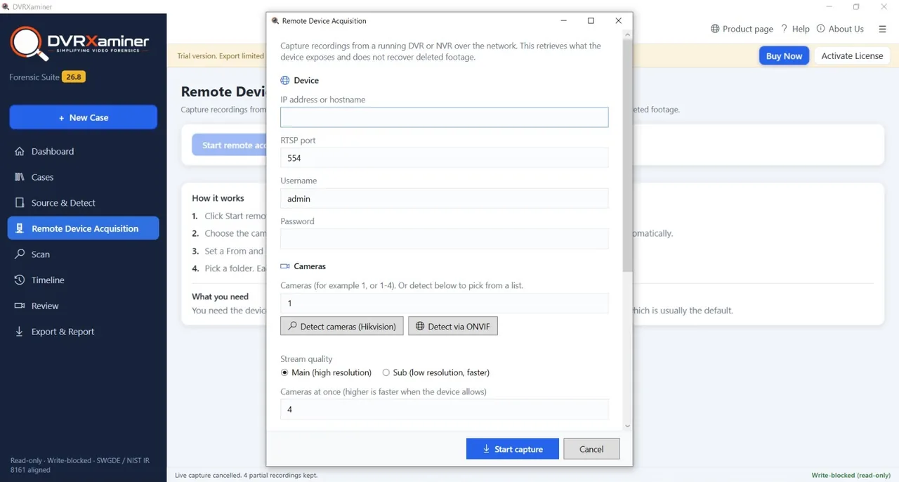 The Remote Device Acquisition dialog with fields for IP address, RTSP port, credentials, camera range, ONVIF detection and stream quality