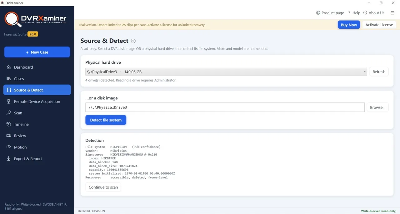 The Source and Detect screen naming a Hikvision file system with a 99 percent confidence score, its on-disk signature, index type and block layout