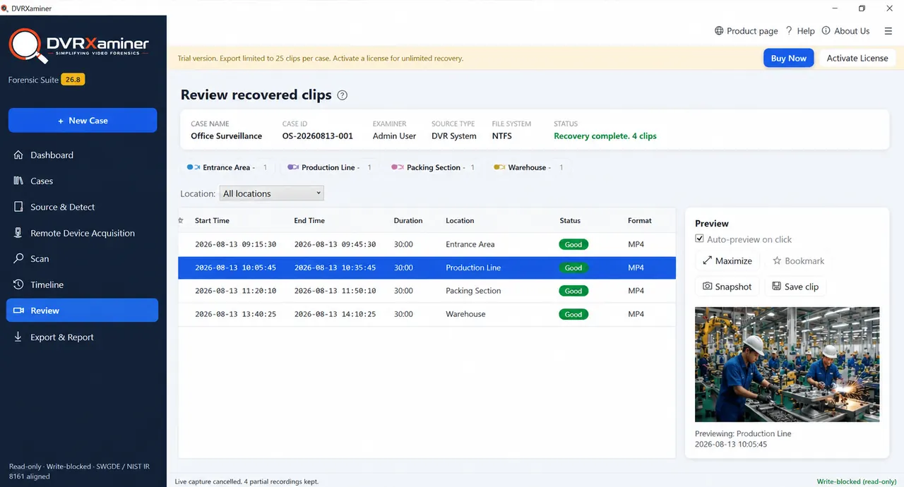 The Review screen after a completed recovery, listing four recovered clips by start time, end time, duration, location, status and format with a preview pane
