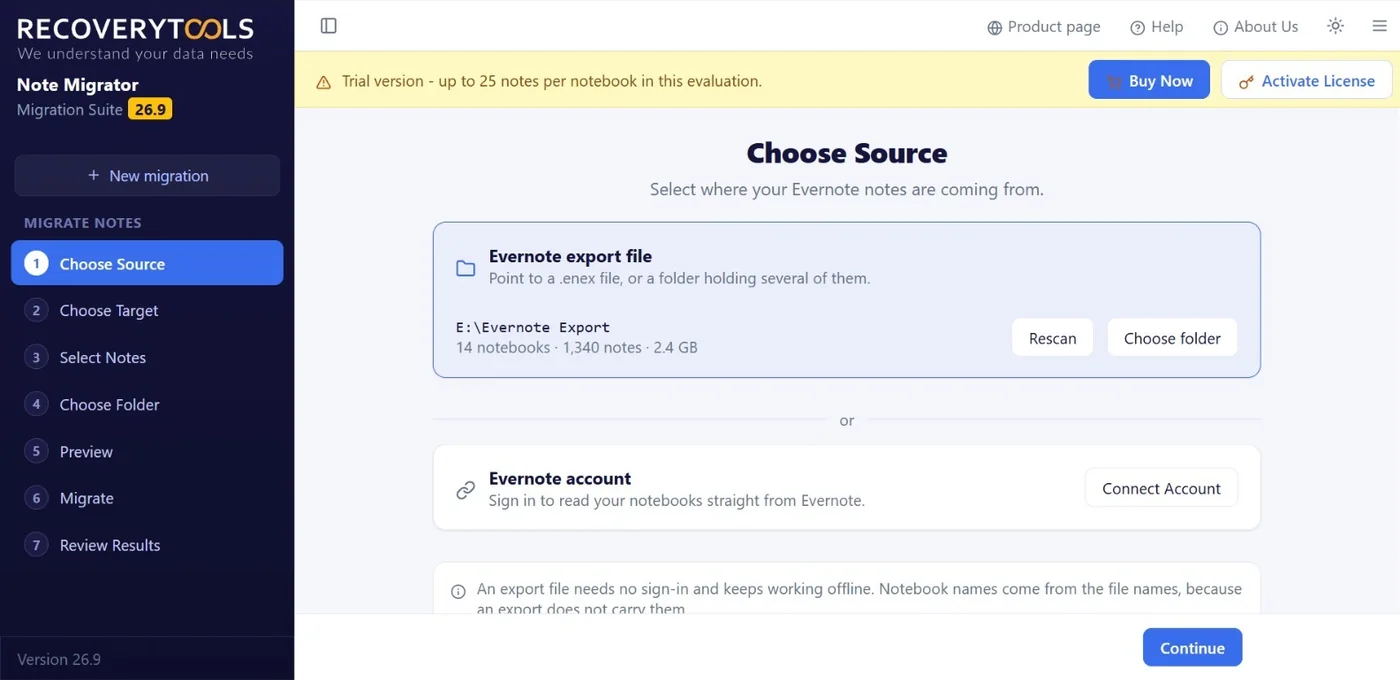 Evernote migration tool choosing an export file or account