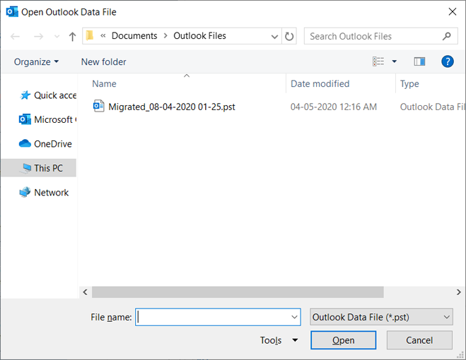 Browse and select PST file