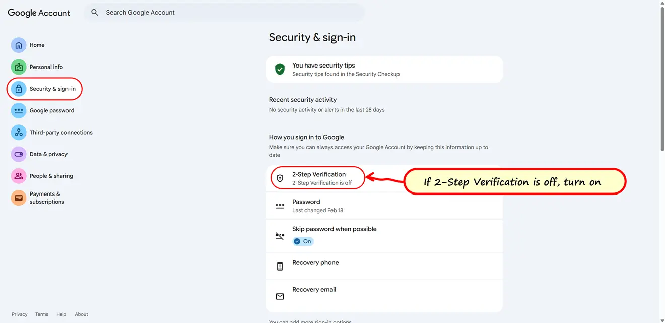Google Security Settings