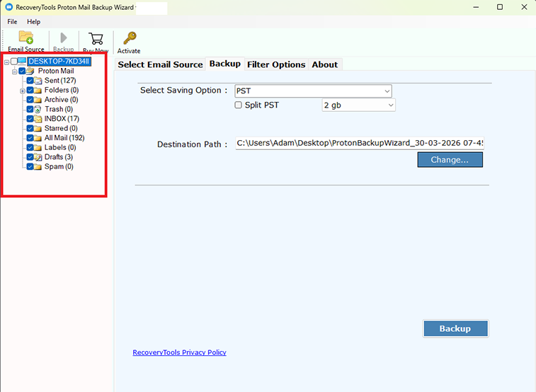 select protonmail folders for backup