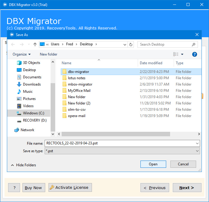 start dbx to outlook import process