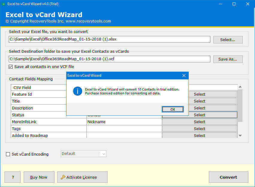 export Excel contacts to VCF