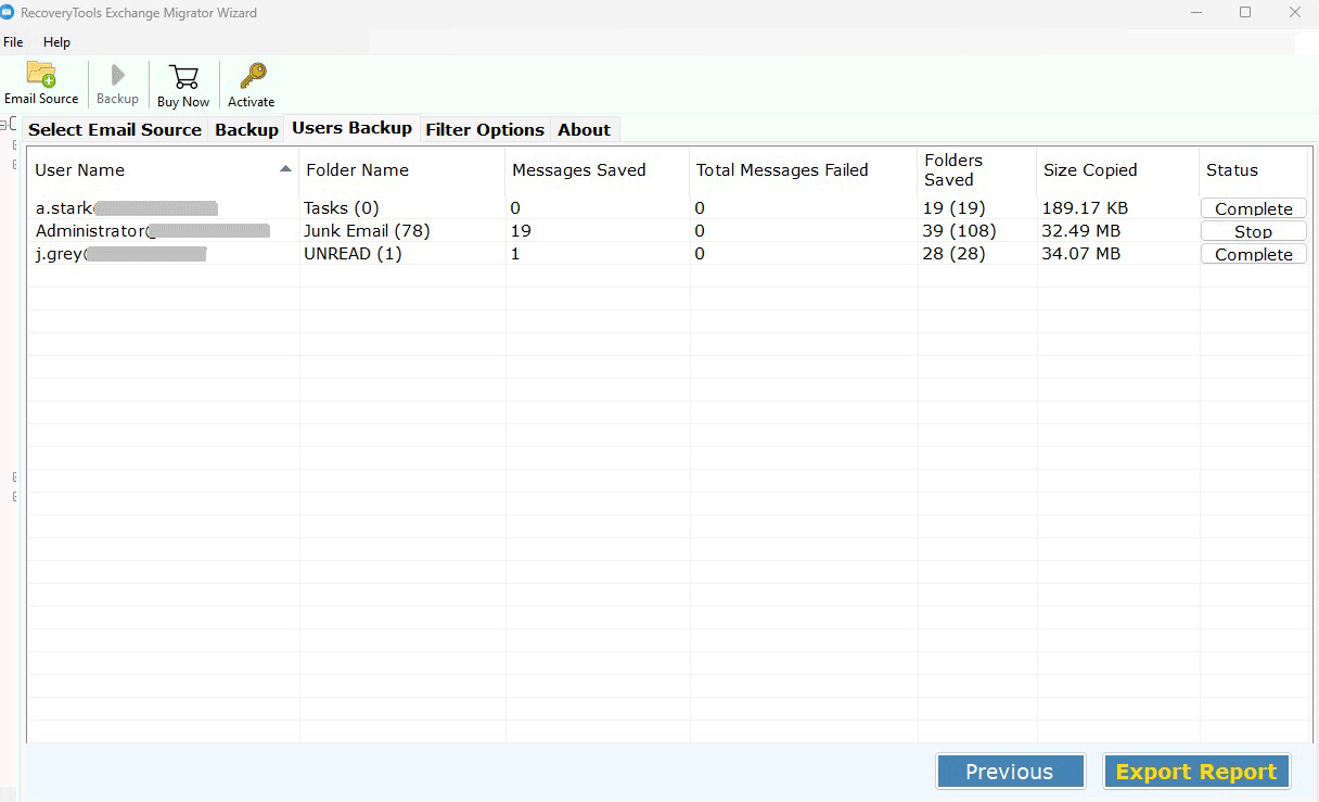 Exchange backup status per user