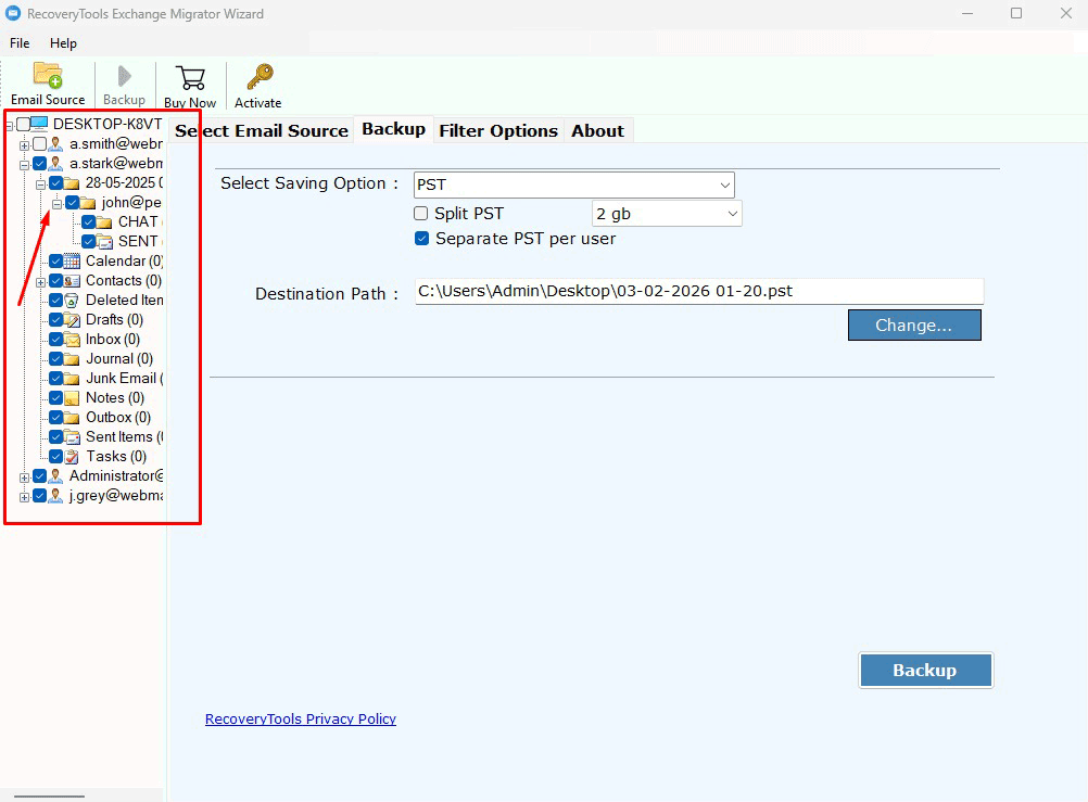 Select Exchange mailboxes and folders
