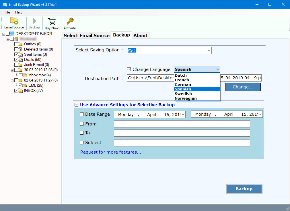 browse a location to export icloud to Outlook pst