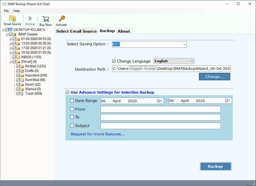 select destination path to export imap to csv file