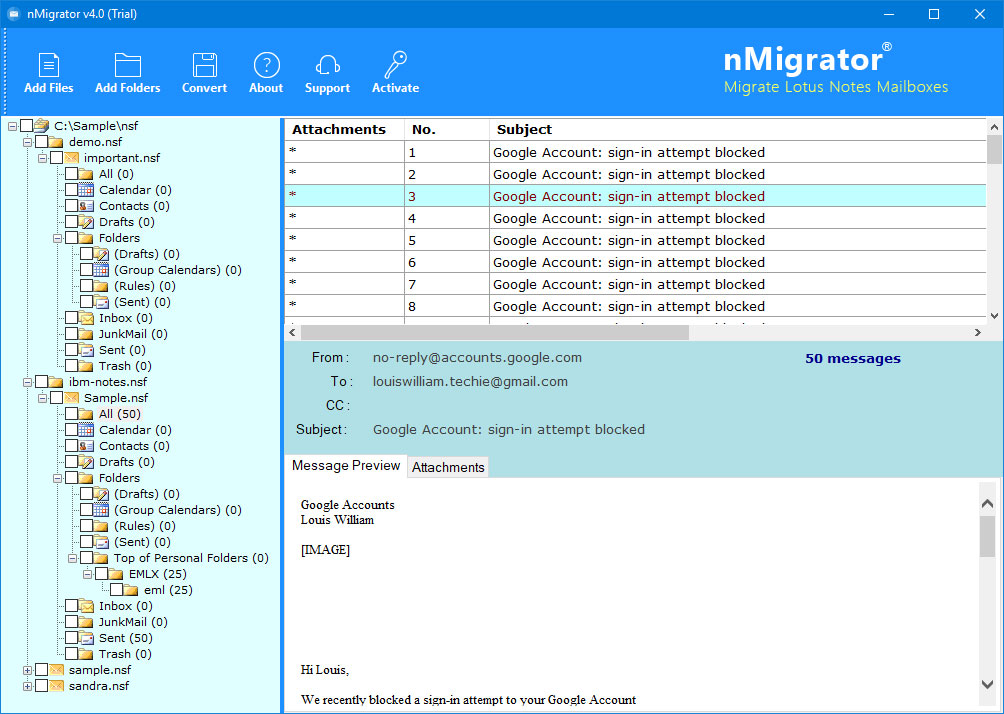 preview lotus notes mailbox items