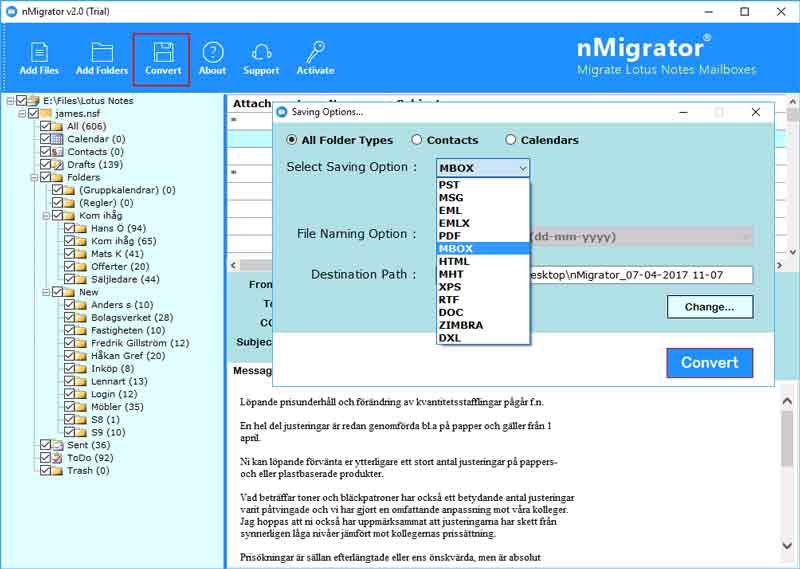 select mbox to export lotus notes 