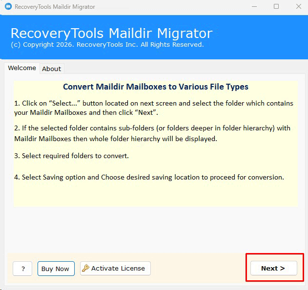 maildir migrator welcome screen
