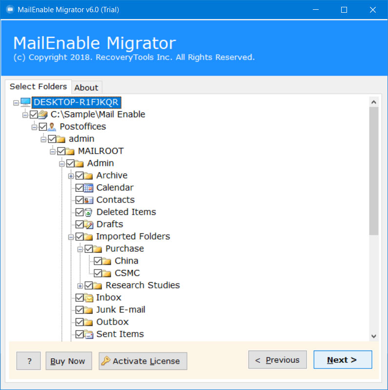 select required folder to convert MailEnable to EML 