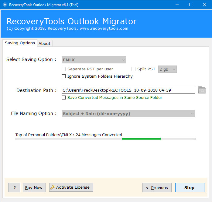 live pst to emlx conversion process