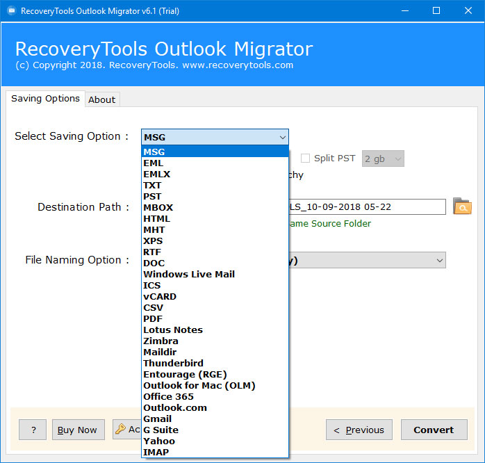 choose msg to convert pst into it