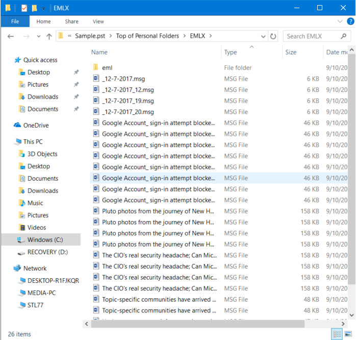 resultant pst to msg converted files