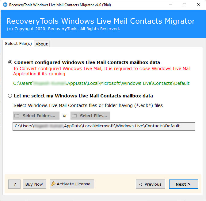 select windows live mail selection option