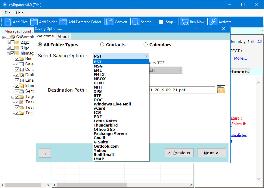 choose pst to export zimbra mailbox