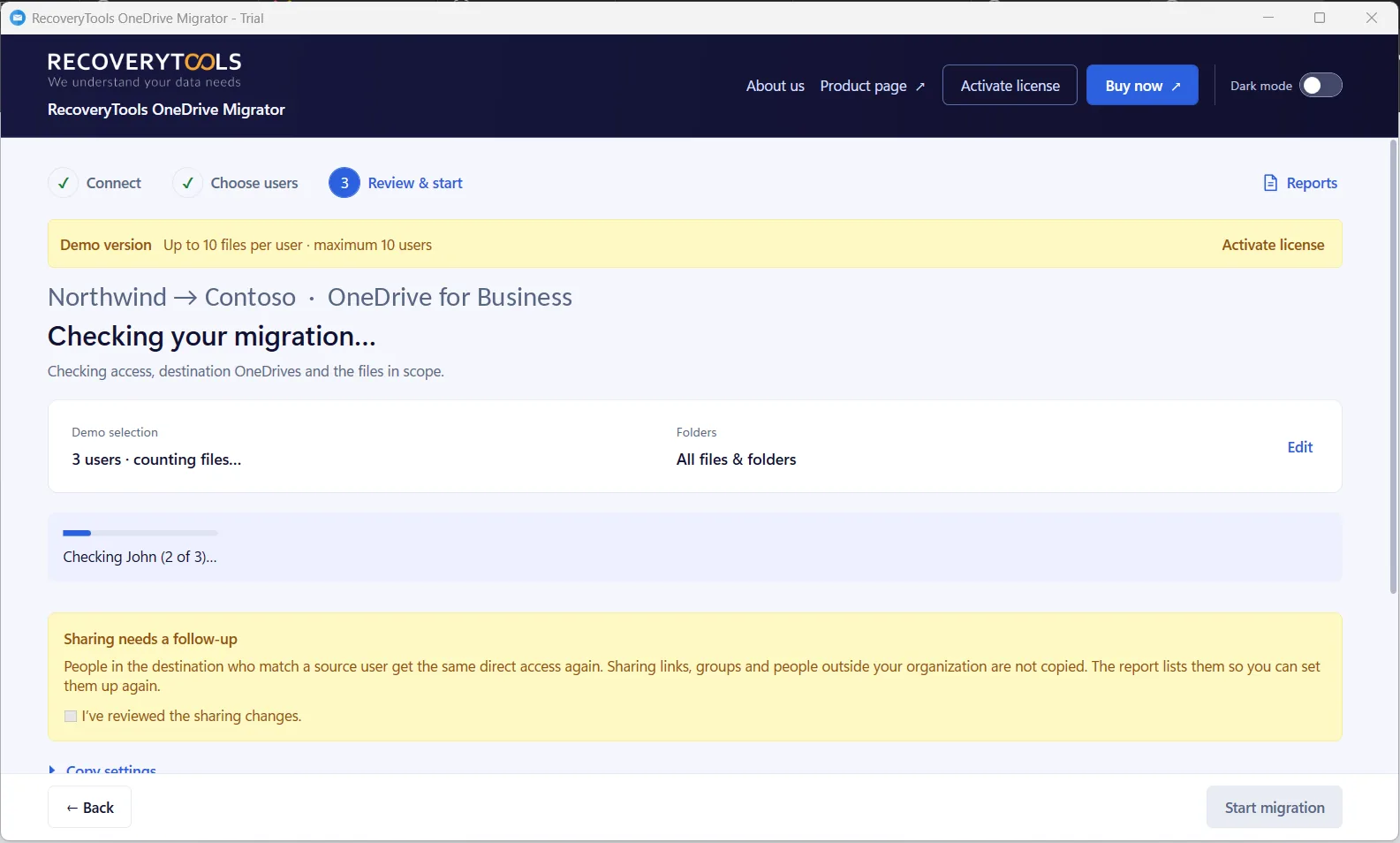 OneDrive migration pre-flight check counting people, files and data before the copy starts